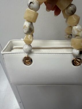 White Tote Bag with Beige Beaded Handles